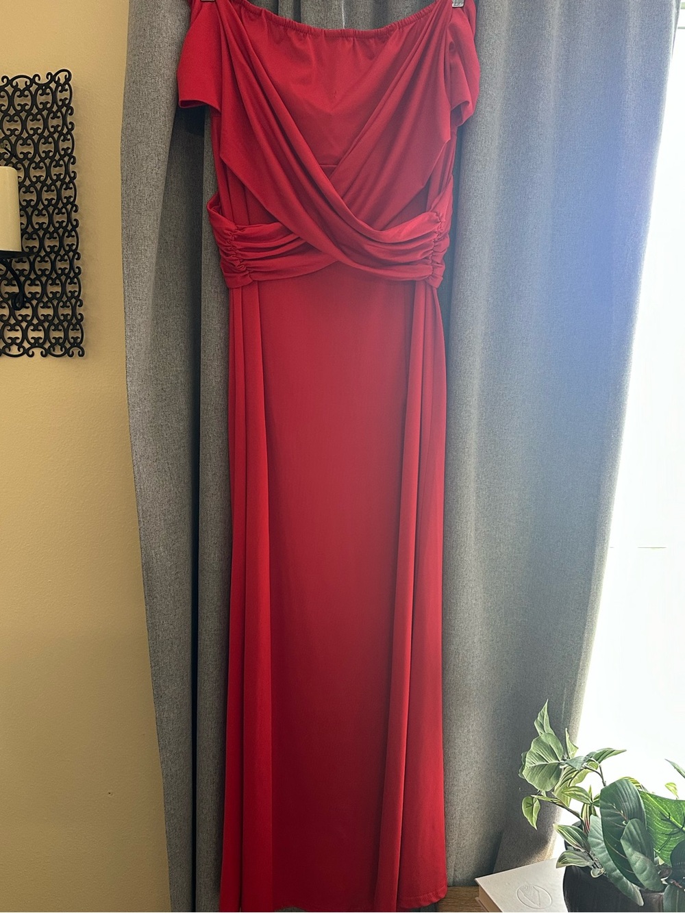 Red strapless dress with slit on one side